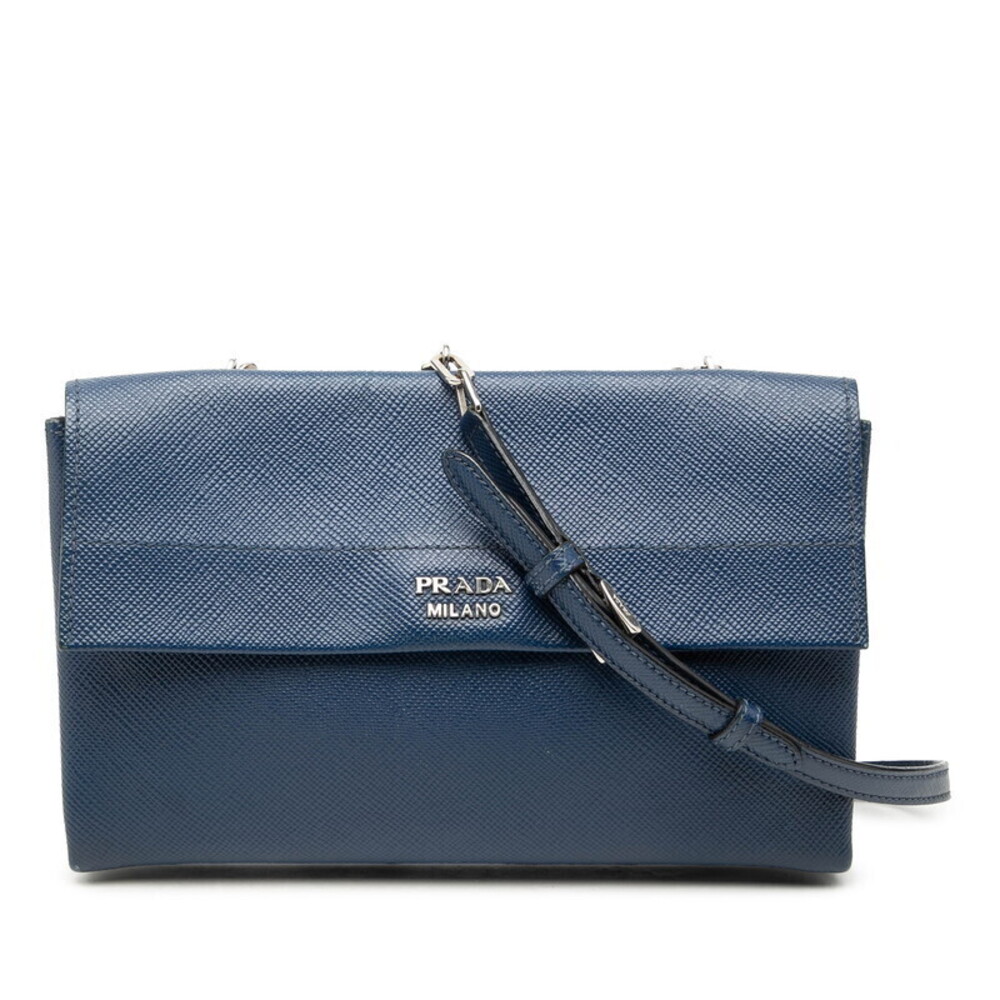 Prada Flap Chain Shoulder Bag Navy Blue Saffiano Leather